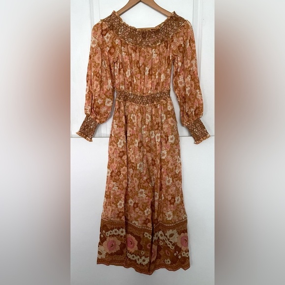 Spell Anne Smocked wide leg jumpsuit XS Peach antique floral off shoulder cotton - Picture 3 of 14